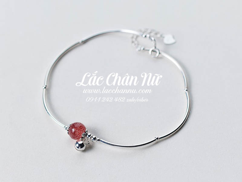 Lắc chân bạc có chuông đá thạch anh đỏ đẹp LCBN189