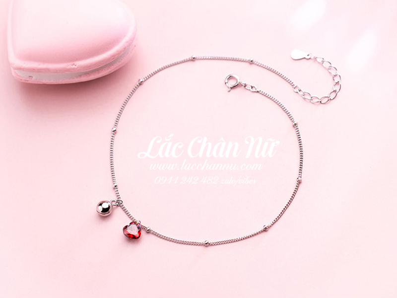 Lắc chân bạc có chuông trái tim đỏ LCBN209