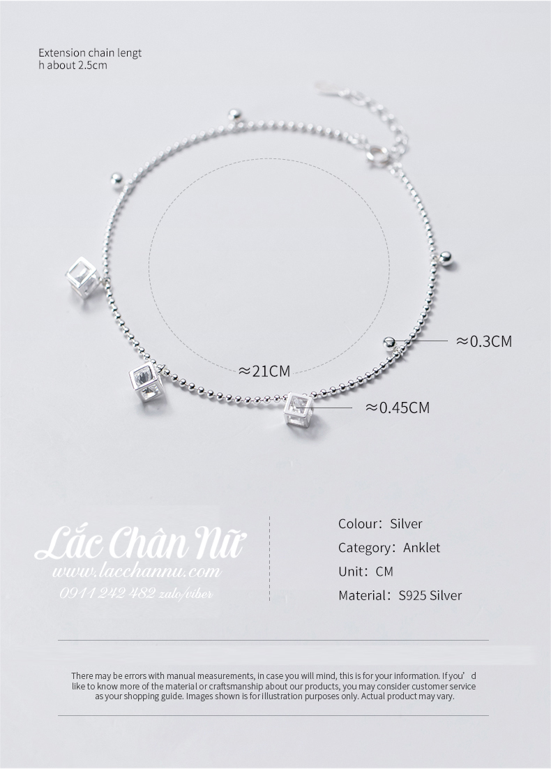 Lắc chân bạc nữ hình lập phương đính đá cá tính LCBN244