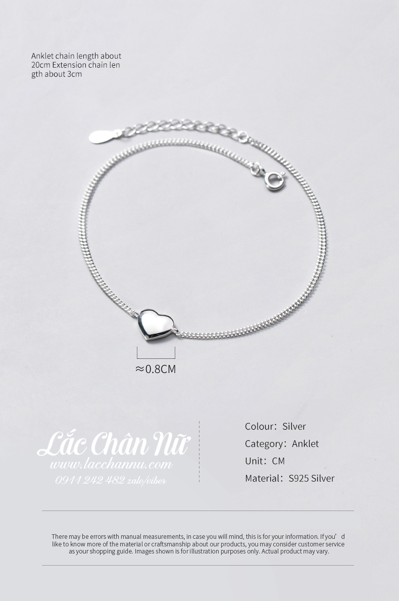 Lắc chân bạc nữ cao cấp hình trái tim đơn giản LCBN225