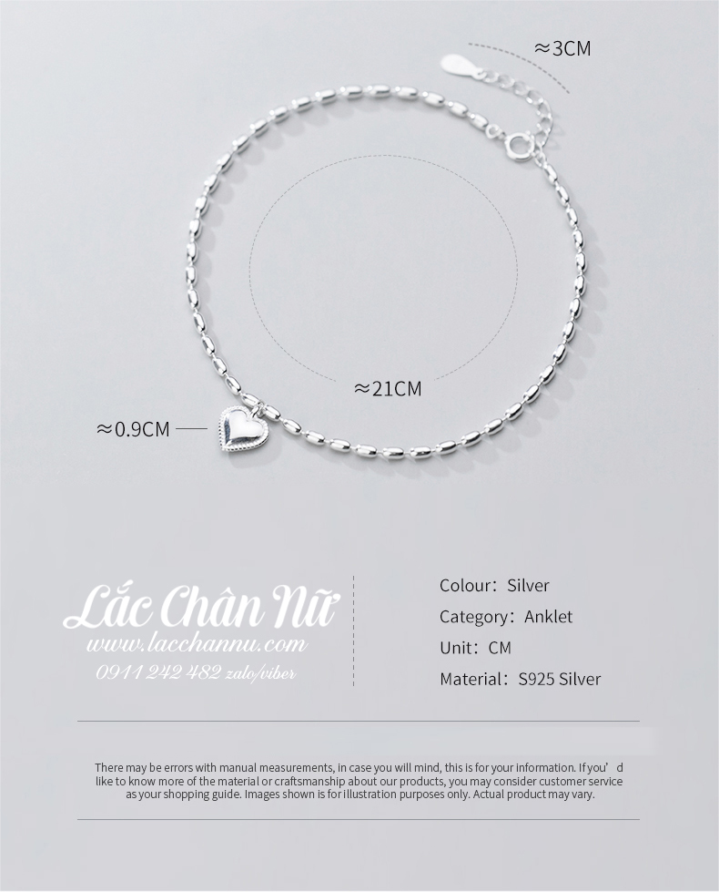 Lắc chân bạc nữ hình trái tim đẹp LCBN241