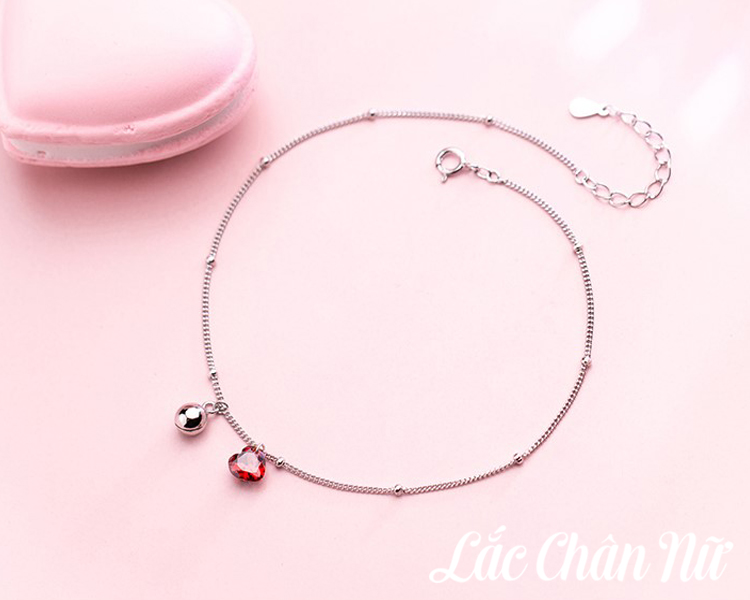 Lắc chân bạc nữ dây đơn trái tim đá đỏ may mắn LCBN209